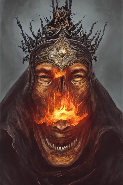 Image similar to centered portrait of the Shadow King wearing a crown formed out of fire, in the style of Dark Souls, cape, skull mask, character concept, high fantasy, gothic, dark atmosphere, malice, medium shot, symmetrical face, golden ratio, cinematic lighting, hyperdetailed, high resolution, insanely detailed and intricate, artstation, Marc Simonetti, Greg Rutkowski, H R Giger, octane render, 8k