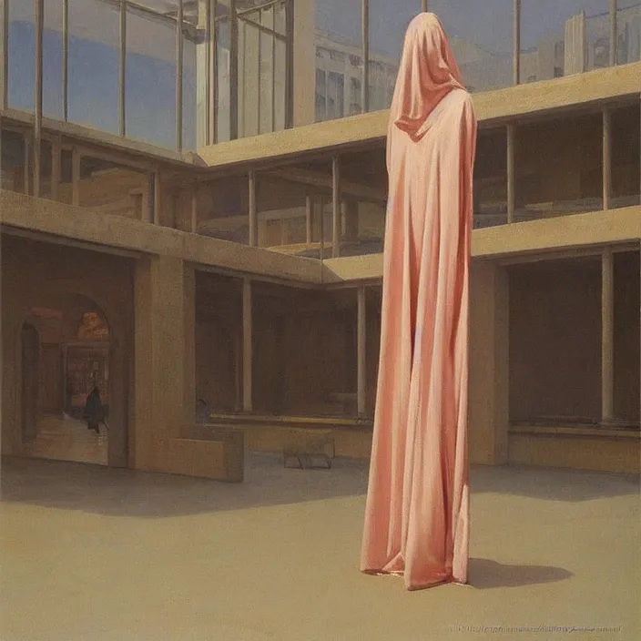 Prompt: magnificent woman in transparent robes, in magnificent shopping mall, oil painting by edward hopper, zdislav beksinski, wayne barlowe