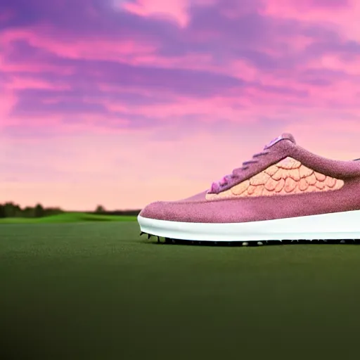 Image similar to a photoshoot for a new golf le fleur shoe designed by travis scott, 8 k concept art, golden hour, vintage, pink skies, cloudy, dreamy, extremely detailed