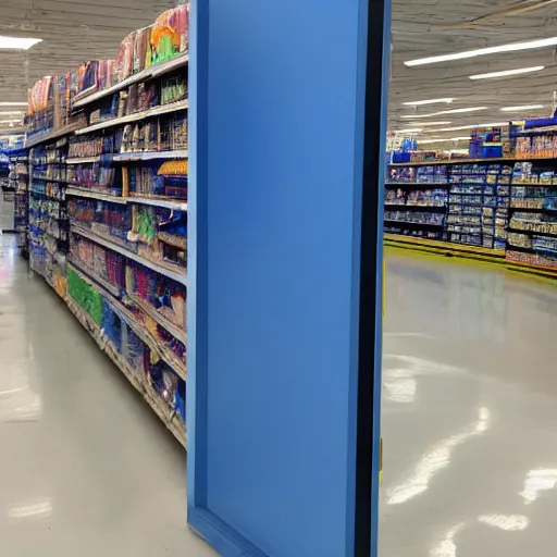 Prompt: a blue portal opening in the middle of a walmart aisle