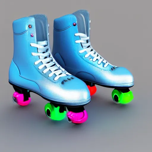 Image similar to white retro! roller skates with cyan wheels on a pedstal, octane render, 3 d model, pink lightning, neon!! light, blender