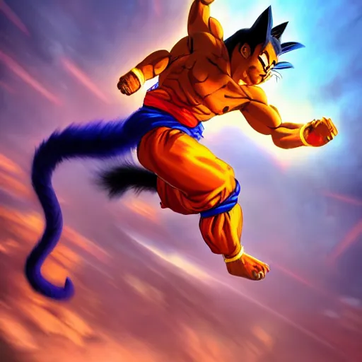 Image similar to cat goku special attack charging, golden hour, fantasy, sharp focus, digital art, hyper realistic, 4 k, unreal engine, highly detailed, hd, dramatic lighting by brom, trending on artstation