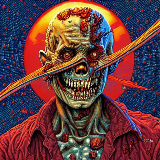 Prompt: hyper detailed masterpiece, toothsome zombie star pattern, jean giraud, vibrant, t