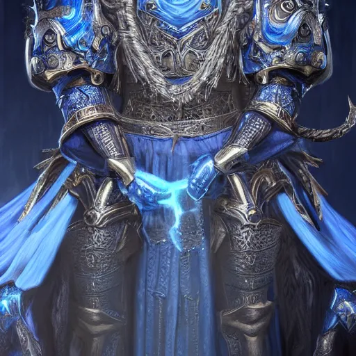 Image similar to concept art, full body portrait of king sorcerers, ornate, blue and silver, armor, robes, hyperrealistic, 4 k, unreal engine, highly detailed, dramatic lighting, beautiful