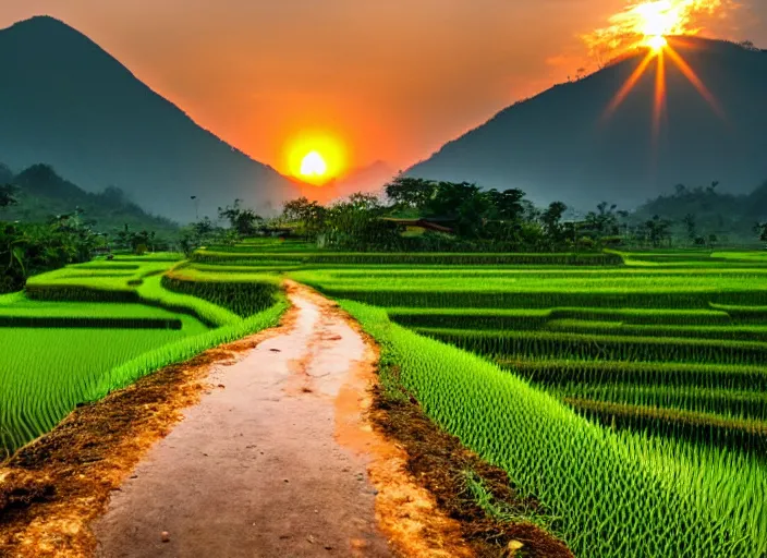 Image similar to a road between rice paddy fields, two big mountains in the background, big yellow sun rising between 2 mountains, indonesia travel photo