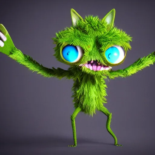 Prompt: cute furry hybrid cat - like plant creature with many eyes, many arms, many legs with radial symmetry leaf hands detailed character concept 3 d pixar style render 4 k