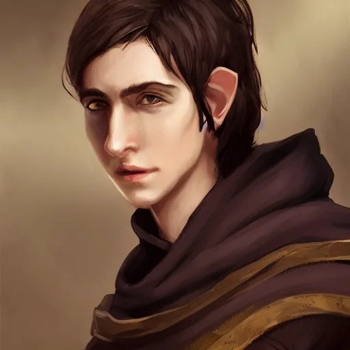 Image similar to A portrait of a adolescent male half-elf wizard, focus on face, tall, slim, short brown hair, smiling, wizard robes, staff, sharp focus, highly detailed, photograph, cinematic, dynamic lighting, trending on artstation, digital painting, in the style of Chris Ostrowski