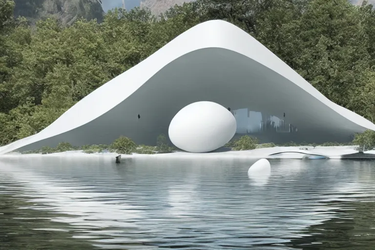 Image similar to a building formed by many multi - white egg - shaped spaces arranged and combined. on the calm lake, people's perspective