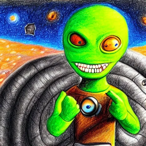 Image similar to crayola drawing of an alien showing it's fingers, green skin, big dark eyes, space suit, desert backround, detailed drawing,