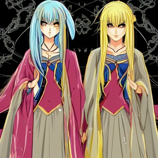 Prompt: a scene of two identical beautiful female mages standing face to face, full of detail, anime style