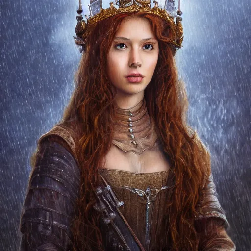 Prompt: portrait of an princess, painting by michael wellen, john stephens, in a medieval city, tone mapping, stormy weather, tempest, trending on artstation