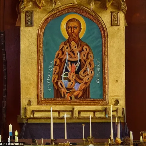 Prompt: a religious icon painted on wood of the flying spaghetti monster hanged in a monastery by an altar made from pasta