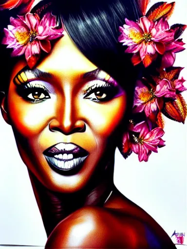 Prompt: portrait of naomi campbell with a floral background : : painted by artgerm, karol bak, artur bordalo, sandra chevrier : : portrait, character, illustration, hyperrealism, photorealism