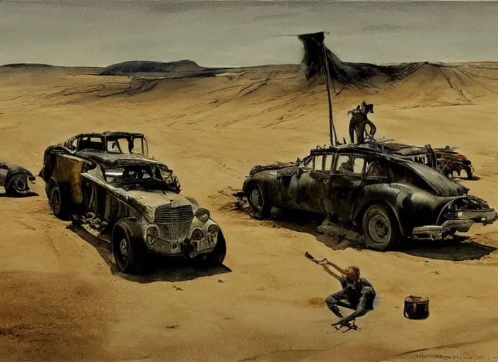 Image similar to mad max fury road, painting by andrew wyeth, very detailed, somber mood,