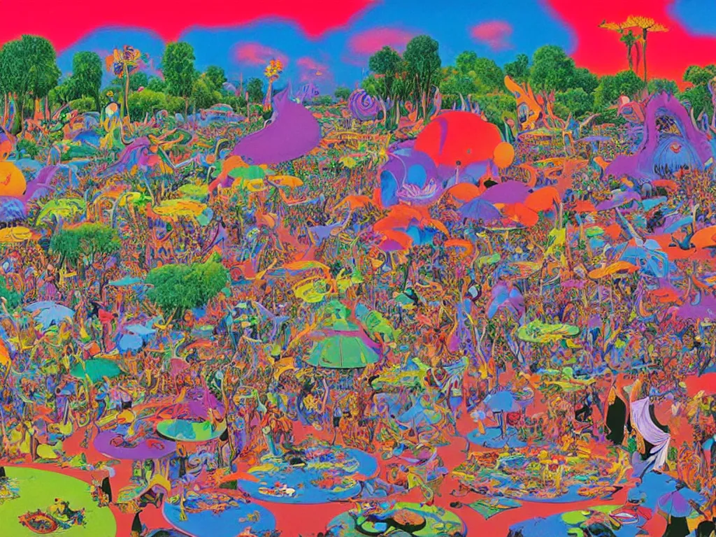 Image similar to a beautiful view of a groovypunk gathering in a public park, art by ron walotsky and peter max and roger dean