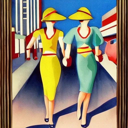 Prompt: a pair of twins on the streets of a modern city, art deco, therese nielsen