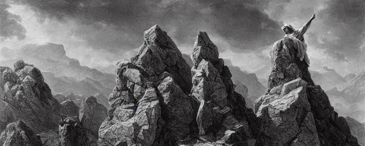 Prompt: medium shot of moses on top of a mountain holding up in the air the ten commandments stone tablets, photorealistic, highly detailed, texture, soft light, dramatic, moody, ambient, painting by gustave dore