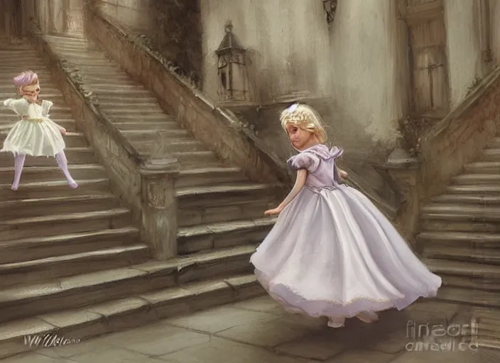 Image similar to a princess runing down a stair, cinderella, by wlop