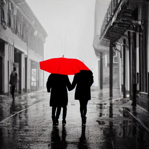 Image similar to A dramatic portrait of a couple wearing yellow rain coat , holding red umbrella , walking in a black and white street . Cinematic lighting