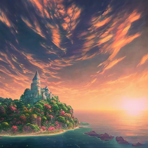 Image similar to the aesthetic view of the beautiful, grand, wistful, dreamy lonely island at dusk, hyperrealistic anime illustration by iralki nadar, colorful, extremely detailed, intricate linework, super sharp focus, bright colors, octopath traveler, studio ghibli, unreal engine 5 highly rendered, global illumination, radiant light, detailed and intricate environment