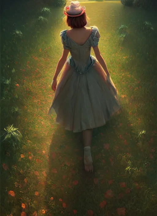 Image similar to alice wonderland detailed dress, half body shot, arms down, path traced, highly detailed, high quality, digital painting, alena aenami, arnold bocklin, tom bagshaw