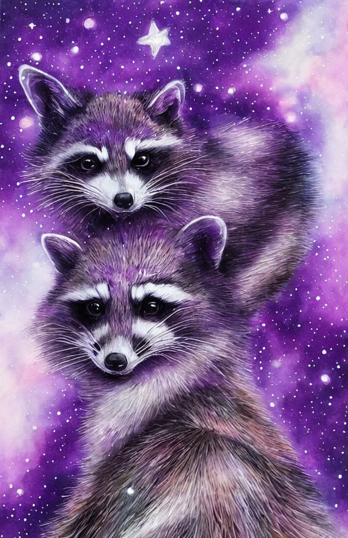 Image similar to purple raccoon in the stars in the style of Anna Dittman