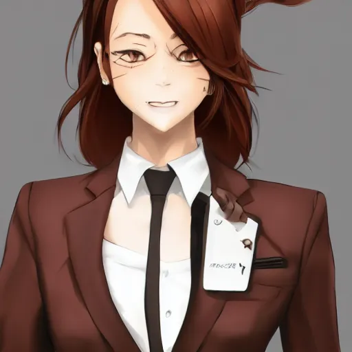 Image similar to woman in business suit, brown neat hair, animesque, pixiv, fanbox, trending on artstation, digital art, portrait, modern, sleek, highly detailed, formal, serious, determined, competent, colorized, smooth, charming, pretty, safe for work, blank background