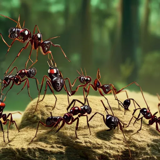 Prompt: king of ants, ant wearing crown ordering ant minions, cinematic, 4k, movie shot, ultra epic