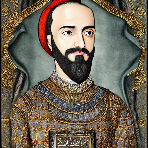 Prompt: a portrait of sultan suleiman the magnificent, focused gaze, art station, highly detailed, concept art, sharp focus, illustration in pen and ink, 4 k wide angle