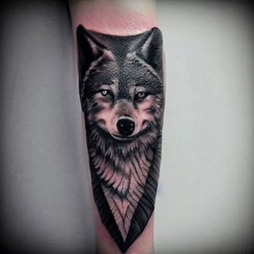 Image similar to a tattoo design of a beautiful girl under a wolf head, in the style of den yakovlev, hyper - realistic, amazing detail