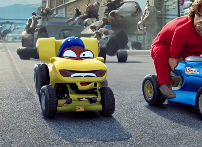 Prompt: peter dinklage racing gary coleman driving a little tikes cars, movie still, from the new fast and furious movie, 8 k, realistic