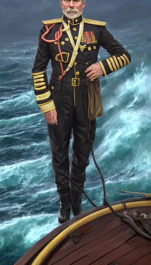 Prompt: proud commodore marine captain, pairate style, stern look, late xix century commander vest, full body portrait xix immpresionist paint, ship deck on wild ocean background, highly detailed, digital painting, artstation, concept art, sharp focus, illustration, art by Artgerm, Greg Rutkowski, Craig Mullins, WLOP, Ross tran, James Jean, Andrei Riabovitchev, magic the gathering, - W 640