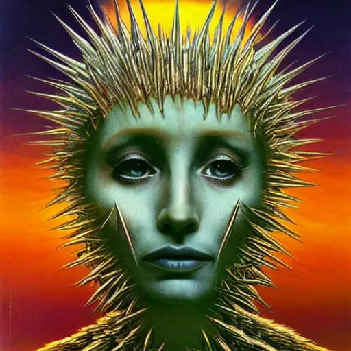 Image similar to the queen of the sun with a spiky body and face, when you kiss her you'll die instantly, eerie, creepy, beautiful, scary, spiky, spiky, spiky, colorful in the style of zdzisław beksiński and h.r. giger, oil on canvas, full body, open wide chest, intricately detailed artwork, full 8k high quality resolution, recently just found unknown masterpiece, renaissance painting, photorealism, 8k high detail, Sigma 85 mm f 1.4, Studio Light, Studio Ghibli, jacek yerka, alex gray, zdzisław beksiński, dariusz zawadzki, jeffrey smith and h.r. giger, oil on canvas, 8k highly professionally detailed, trending on artstation, her hair is thick and smooth, she is beautiful showing her true form