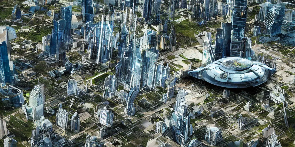 Image similar to future forest city attacked by spaceship, floating broken buildings, gravity mess, star trek, glory war, photograph