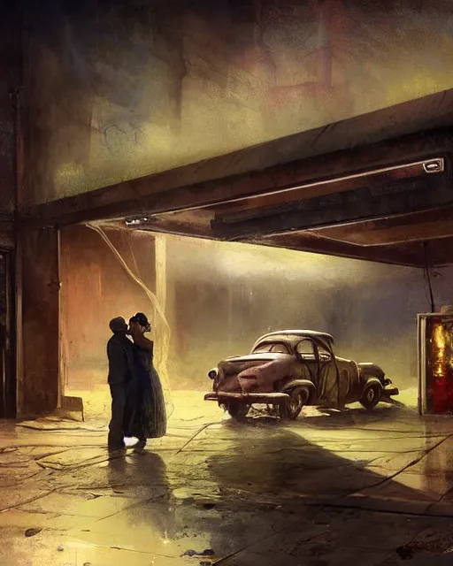 Image similar to a highly detailed epic cinematic concept art CG render digital painting artwork: old dead couple at a decayed gas station surrounded by dark figures. triadic color scheme, By Greg Rutkowski, in the style of Francis Bacon and Syd Mead and Edward Hopper and Norman Rockwell and Beksinski, open ceiling, highly detailed, painted by Francis Bacon, painted by James Gilleard, surrealism, airbrush, Ilya Kuvshinov, WLOP, Stanley Artgerm, very coherent, art by Takato Yamamoto and James Jean