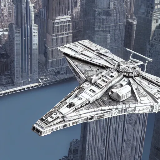 Prompt: The Millennium Falcon docked in Manhattan, New York,highly detailed,digital painting,concept art,4k