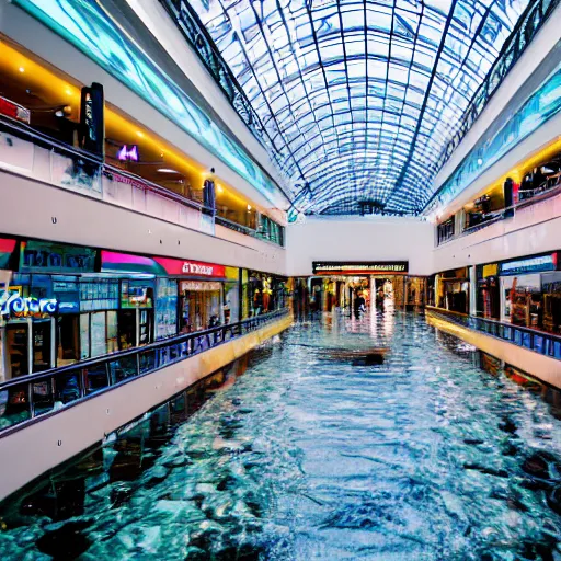 Prompt: a shopping mall flooded with water with semidirectional lighting, 4k, liminal, 40mm lens