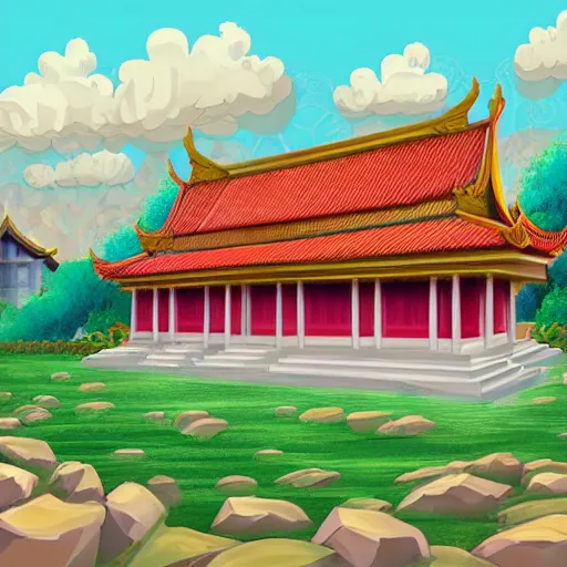 Prompt: vietnamese temple scene, 2 d game art background, level design, in style of lam manh