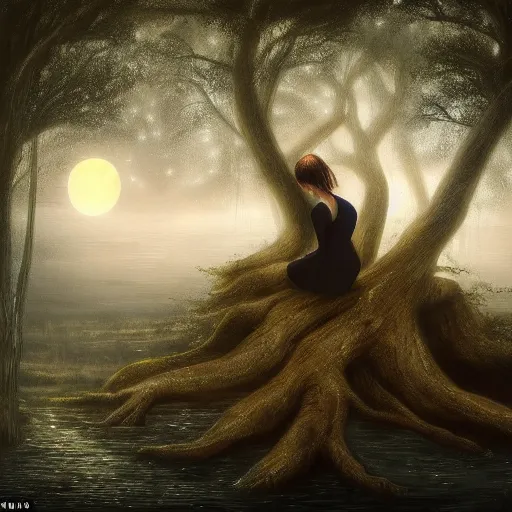 Prompt: a girl sits on the roots of an ancient tree looking at a pond surrounded by a dark towering forest at midnight, the moon can be glimpsed through the trees, everything is veiled by fog, dark fantasy, night time, realistic painting