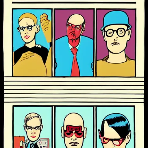 Image similar to three characters by daniel clowes : : graphic art on a stylish background, subdued colors, detailed drawing