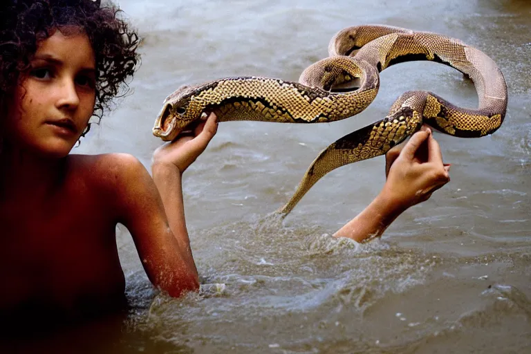 Image similar to closeup portrait of a girl carrying a python over her head in a flood in Pitt Street in Sydney in Australia, photograph, natural light, sharp, detailed face, magazine, press, photo, Steve McCurry, David Lazar, Canon, Nikon, focus