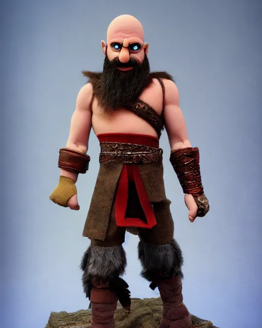 Image similar to kratos as a muppet. highly detailed felt. hyper real photo. 4 k.