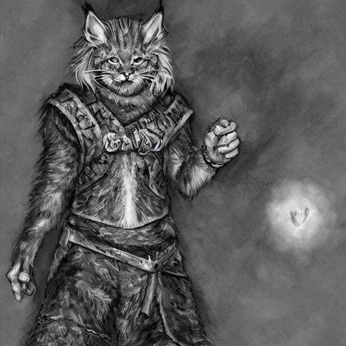 Image similar to khajit tabaxi catfolk humanoid cloaked in shadow and wearing leather armor with maine coon features black fur holding two shortswords, dungeons and dragons, pure white background, fantasy, tarot card style, half body portrait, high detail, hyper realistic