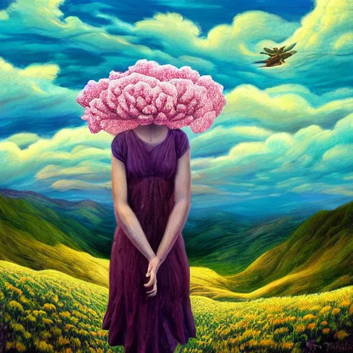 Image similar to giant flower head, frontal, woman standing on mountain, surreal photography, stormy sky, colorful clouds, impressionist painting, digital painting, artstation, rob gonsalves