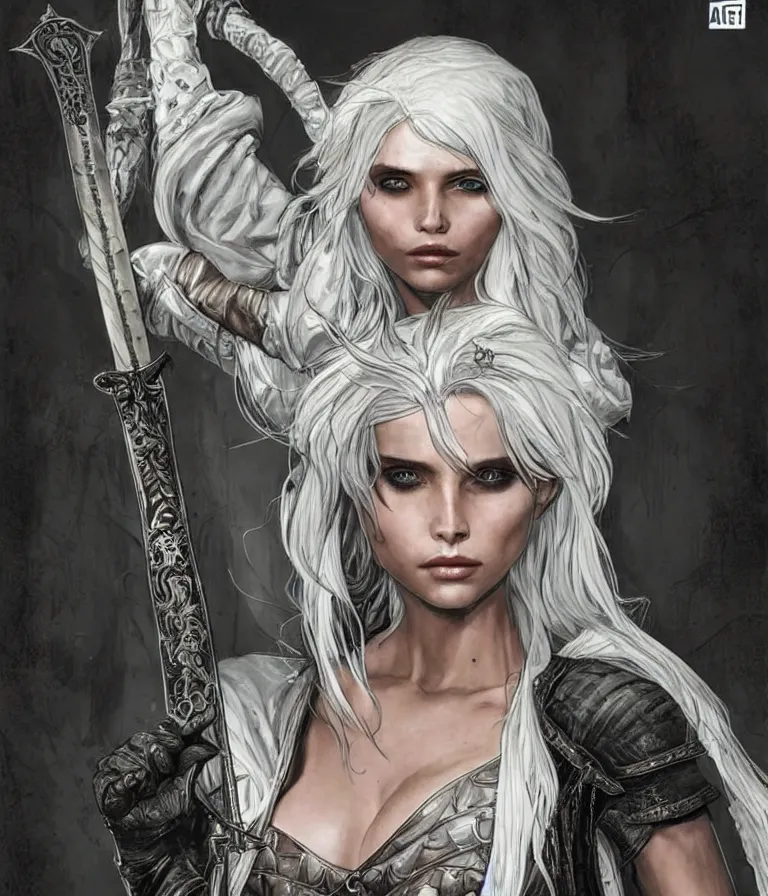 Prompt: Abbey Lee as Ciri from The Witcher, intricate, elegant, highly detailed, smooth, sharp focus, detailed face, high contrast, dramatic lighting, graphic novel, art by Ardian Syaf and Pepe Larraz,