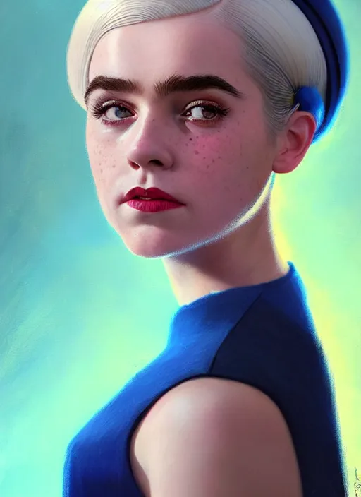 Image similar to portrait of kiernan shipka with freckles, white hair, big 1 9 6 0 s bob hairstyle with bangs and hairband, blue 1 9 6 0 s dress, intricate, elegant, glowing lights, highly detailed, digital painting, artstation, concept art, smooth, sharp focus, illustration, art by wlop, mars ravelo and greg rutkowski