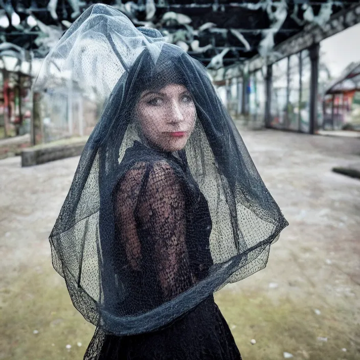 Image similar to a woman wearing a veil made of birds, in an abandoned theme park, by omar z. robles, canon eos c 3 0 0, ƒ 1. 8, 3 5 mm, 8 k, medium - format print