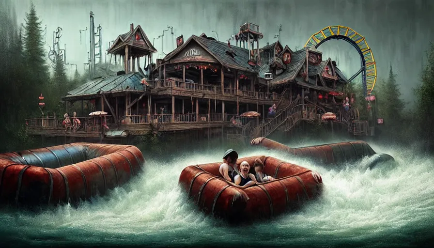 Prompt: michal karcz grunge painting of an amusement park, monster and horror theme. Monster-themed Grizzly River Run. A raft is spinning very fast. A detailed, elegant, intricate, 4k,