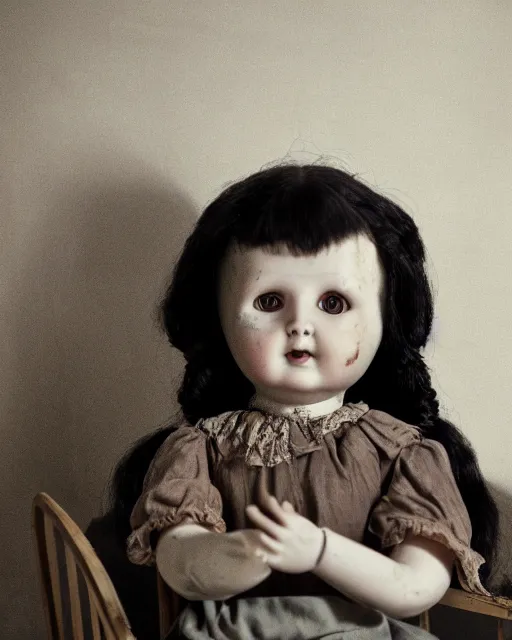 Prompt: closeup portrait of a creepy antique porcelain doll wearing a dirty dress with long wet black hair sitting in a rocking chair next to a child’s bed in a dimly lit filthy room in an abandoned old asylum at night, 8k octane render, cinematic, dramatic lighting, volumetric lighting, vintage photo, (1890)