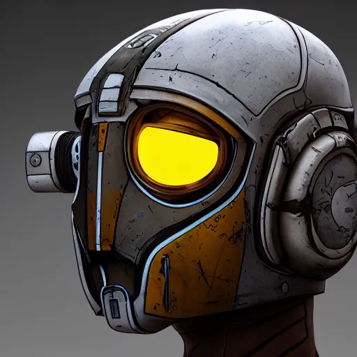 Image similar to helmet design from borderlands, Feng zhu, edon guraziu, Vitaly Bulgarov, product lighting, concept design, rejected designs, 3d rendered in octane, intricate, realistic, highly detailed